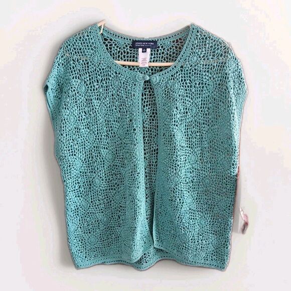 Jones Of New York Sleeveless Crochet-Knit Cardigan Sweater Turquoise W-2x [$109) - Picture 1 of 16